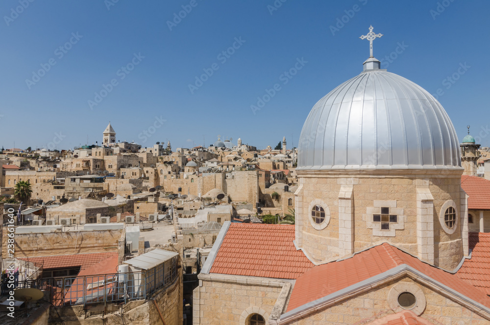 Rooftops of the Old City of Jerusalem, including the dome of Our Lady of Spasm, also known as Our Lady of Sorrows in the foreground
