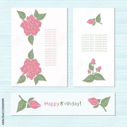 Pattern with pink flowers. Roses. Simple, gentle. Set. You can use as a template to schadbu, birthday, anniversary, date.