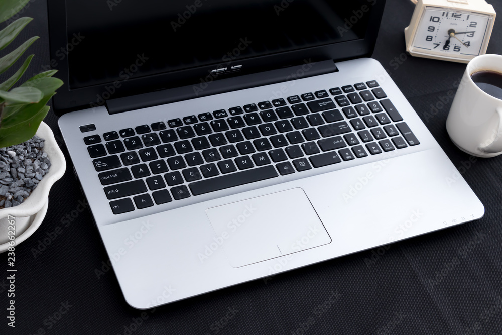White office desk with laptop. Top view with copy space, flat lay White office desk with laptop. Top view with copy space, flat lay