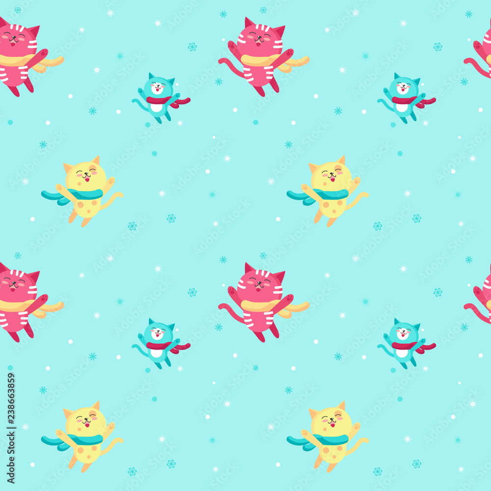 Vector seamless pattern with cute winter cats Vector seamless pattern with cute winter cats