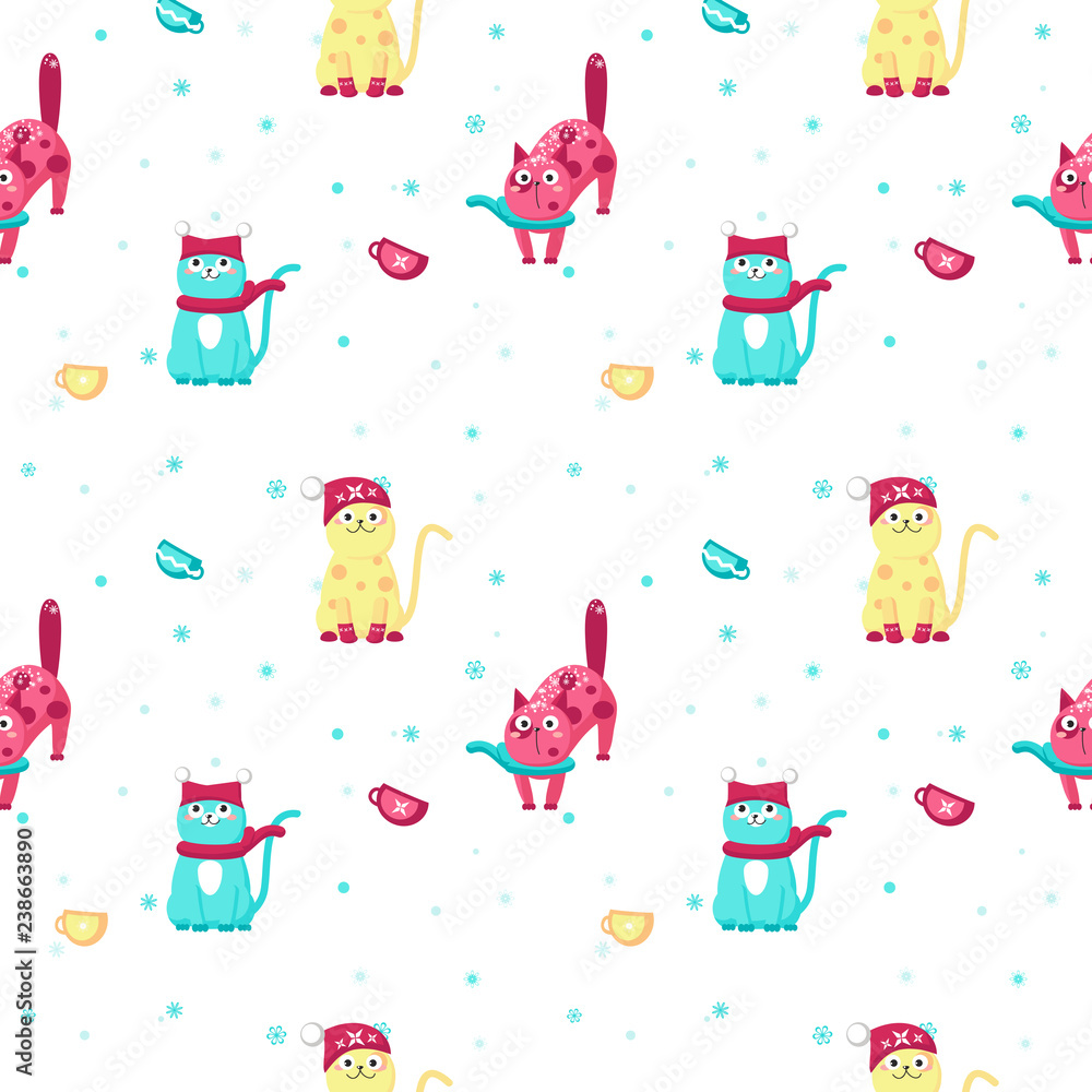 Vector seamless pattern with cute winter cats