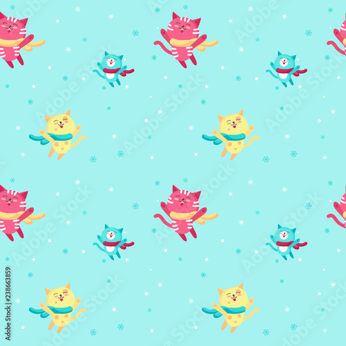 Vector seamless pattern with cute winter cats