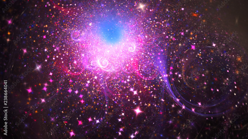 Abstract fantastic galaxy with pink and blue stars. Fantasy space background. Digital fractal art. 3d rendering.