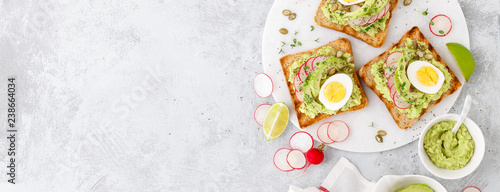 Toasts with avocado guacamole, fresh radish, boiled egg, chia and pumpkin seeds. Diet breakfast. Delicious and healthy plant-based food. Flat lay. Top view. Banner
