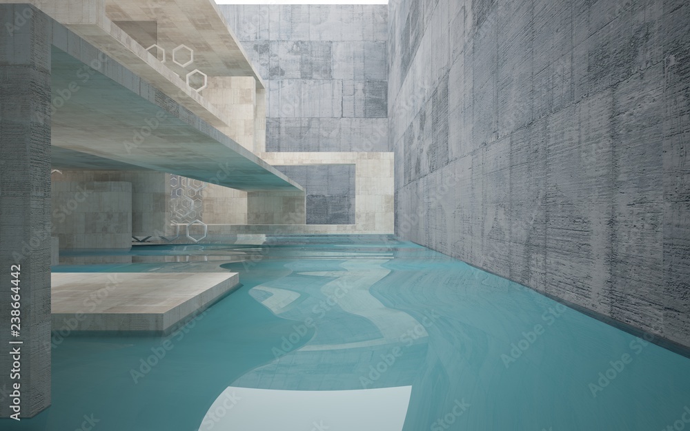 Abstract interior of concrete with blue water. Architectural background. 3D illustration and rendering