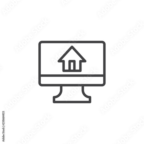 Monitor with house on screen outline icon. linear style sign for mobile concept and web design. Home page simple line vector icon. Real estate symbol, logo illustration. Pixel perfect vector graphics