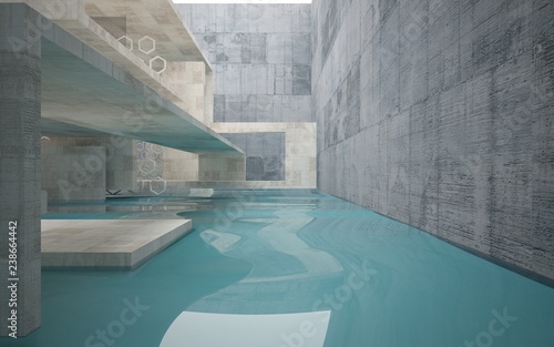 Obraz na płótnie Abstract interior of concrete with blue water. Architectural background. 3D illustration and rendering w salonie