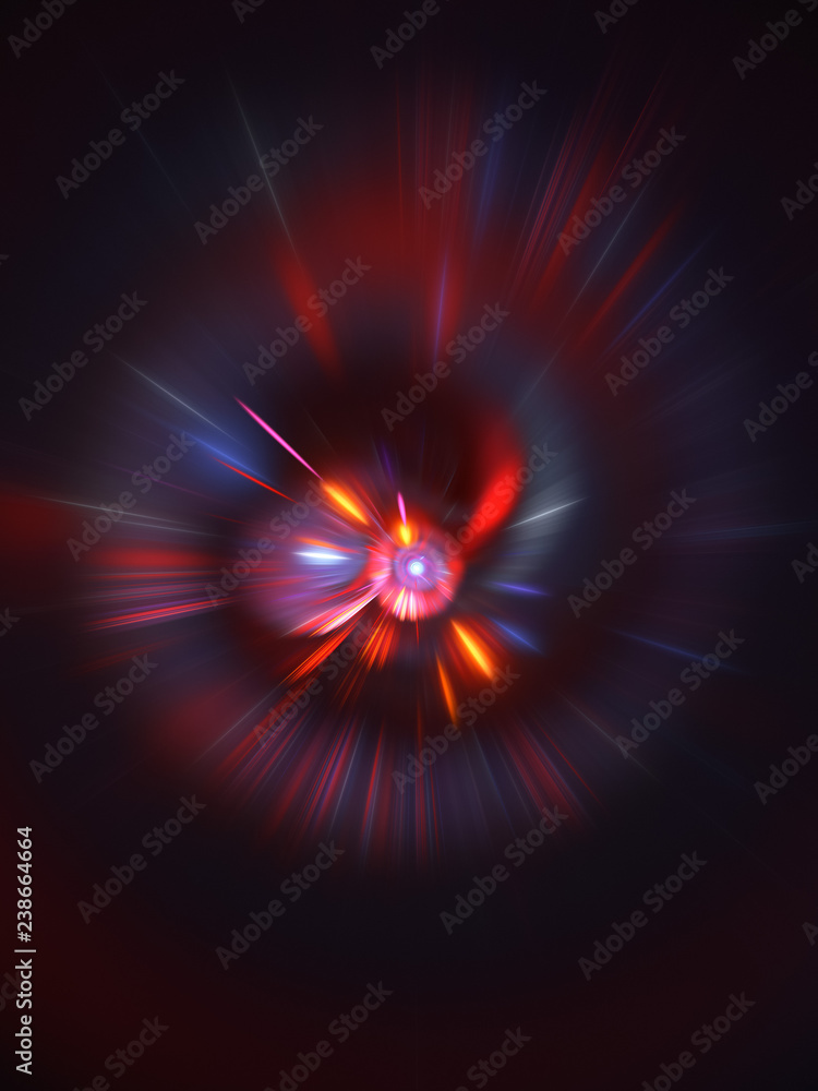 Abstract holiday background with blurred rays and sparkles. Fantastic blue and red light effect. Digital fractal art. 3d rendering.