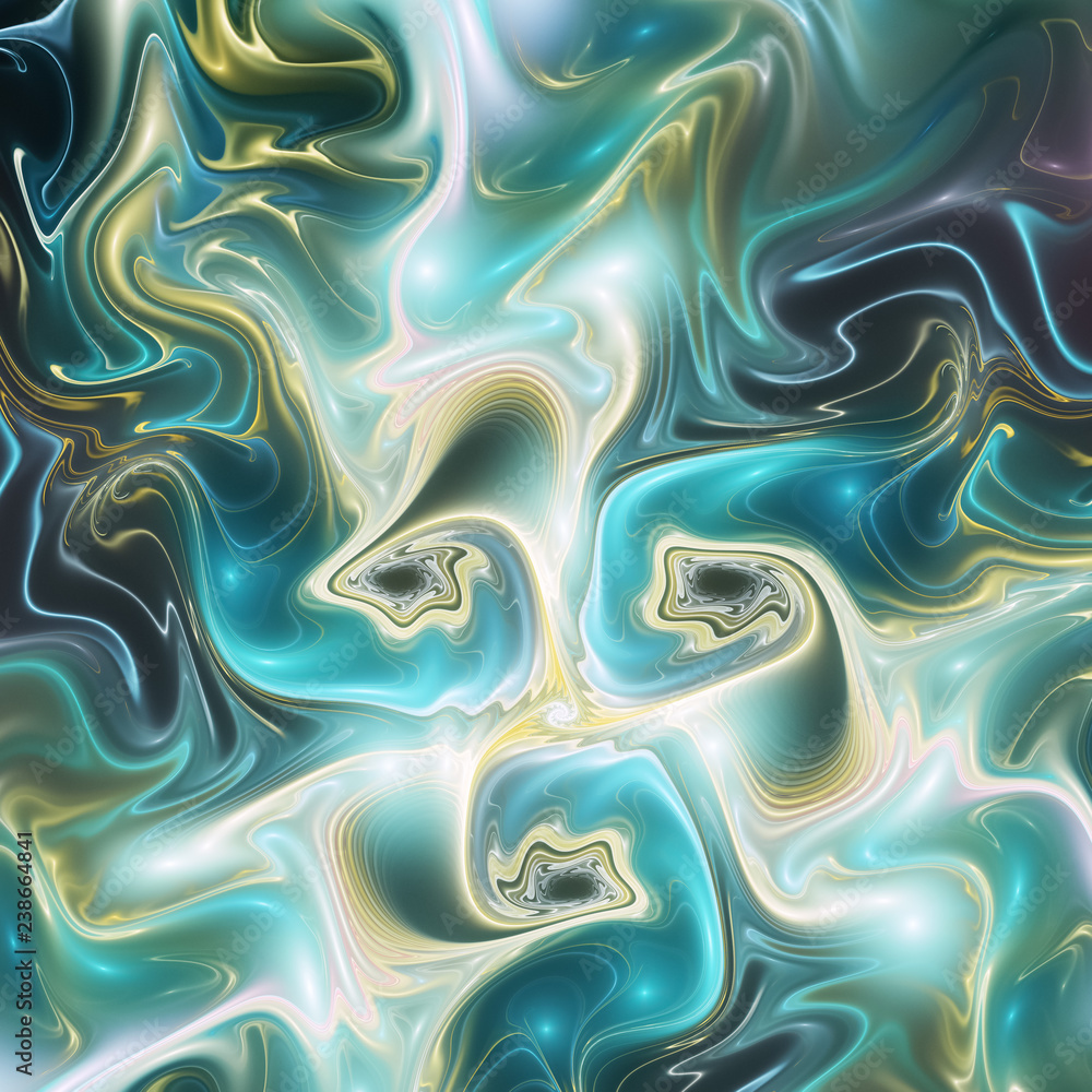 Abstract gold and teal glossy zigzag pattern. Digital fractal art. 3d rendering.