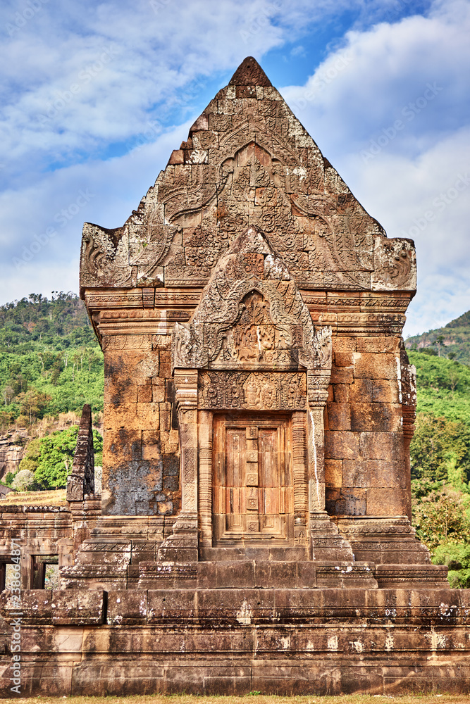 Naklejka premium View on the south palace of the Vat Phou temple complex UNESCO World Heritage Site at sunrise time