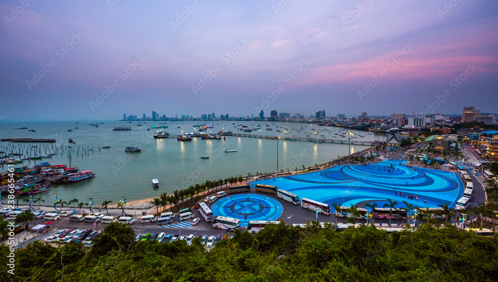Pattaya City Thailand Pratumnak view point Port and Downtown at twilight
