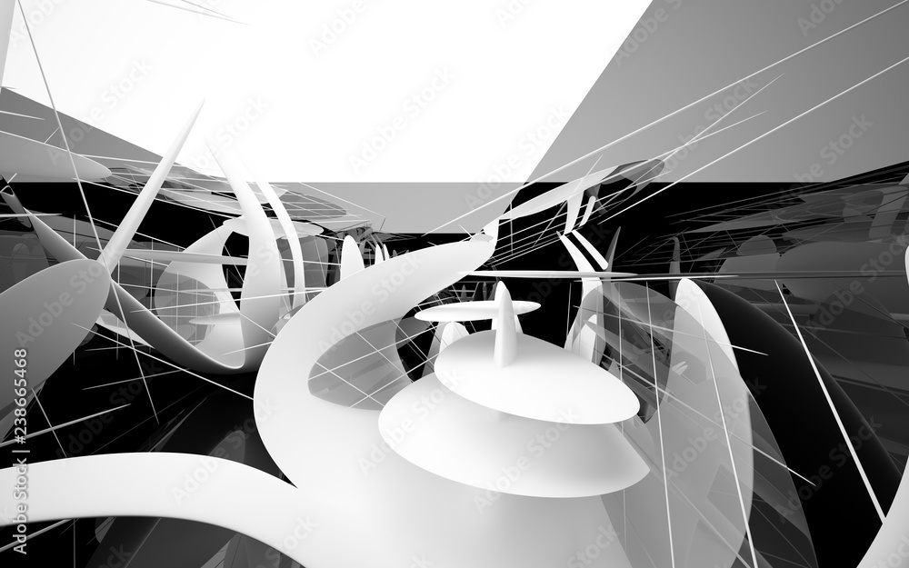 Abstract dynamic interior with white smooth objects and black room . 3D illustration and rendering Abstract dynamic interior with white smooth objects and black room . 3D illustration and rendering
