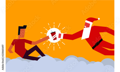 Santa Claus giving Christmas present to man. Santa gifting soda to another person. Vector Illustration of two men and a soda. Christmas Gift Concept.
