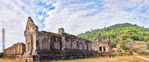 View on the south palace of the Vat Phou temple complex UNESCO World Heritage Site at sunrise time