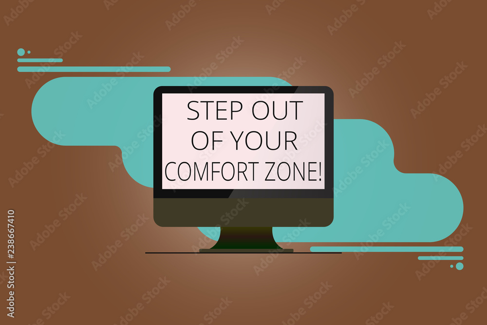 Writing note showing Step Out Of Your Comfort Zone. Business photo showcasing Do different things leave the routine Mounted Computer Monitor Blank Reflected Screen on Abstract Background