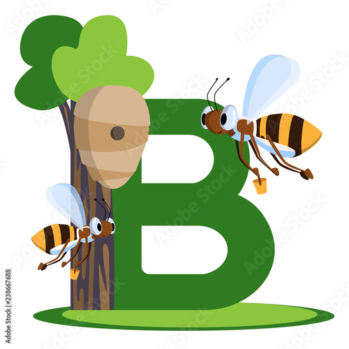 Vector Letter B with fun cartoon bees carrying buckets of honey in beehive on tree. For children learning English dictionary photo