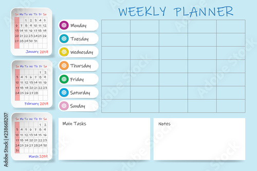 Calendar for first quarter of 2019 year with weekly planner chart and blank labels for notes and main tasks. Monthly tables are vertical. Week start Sunday.