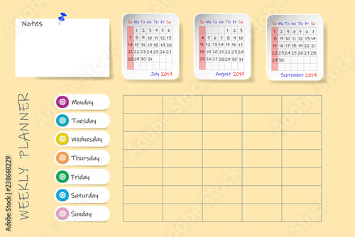 Calendar for third quarter of 2019 year with weekly planner chart and blank label for notes. Week start Sunday.