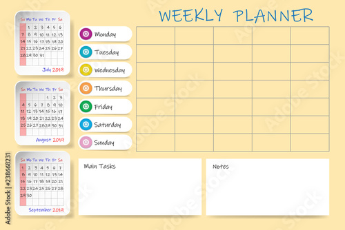 Calendar for third quarter of 2019 year with weekly planner chart and blank label for notes and main tasks. Monthly tables are vertical. Week start Sunday.