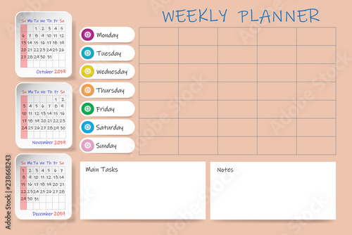 Calendar for fourth quarter of 2019 year with weekly planner chart and blank label for notes and main tasks. Monthly tables are vertical. Week start Sunday.