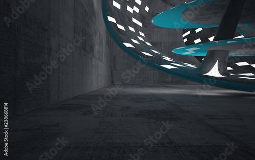 Empty dark abstract concrete room smooth interior with glossy blue lines. Architectural background. Night view of the illuminated. 3D illustration and rendering