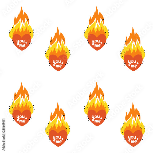 Vector seamless pattern for Valentine's day. Flaming heart, fire. Hand-drawn style. Cartoon style
