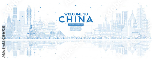 Outline China Skyline with Blue Buildings and Reflections.