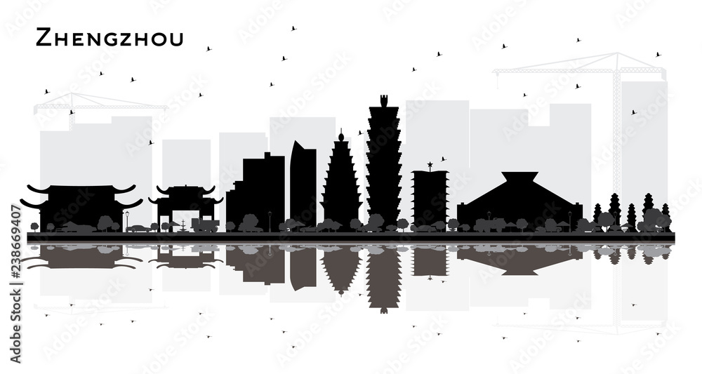 Zhengzhou China City Skyline Silhouette with Black Buildings and Reflections Isolated on White.