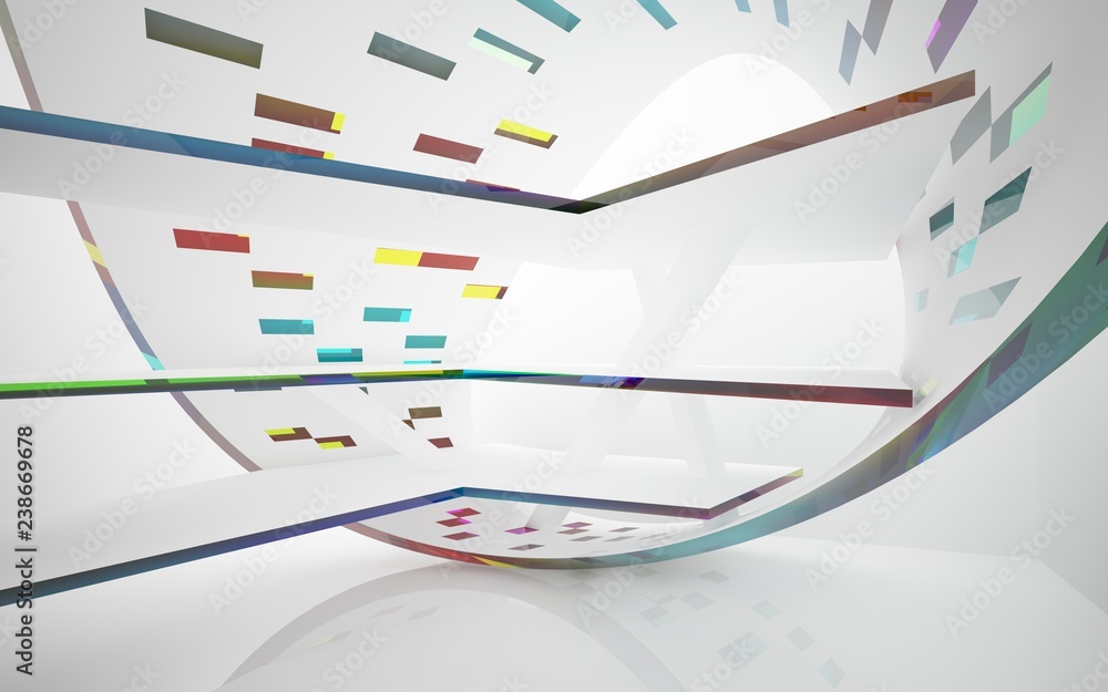 abstract architectural interior with white sculpture and geometric gradient glass lines. 3D illustration and rendering abstract architectural interior with white sculpture and geometric gradient glass lines. 3D illustration and rendering