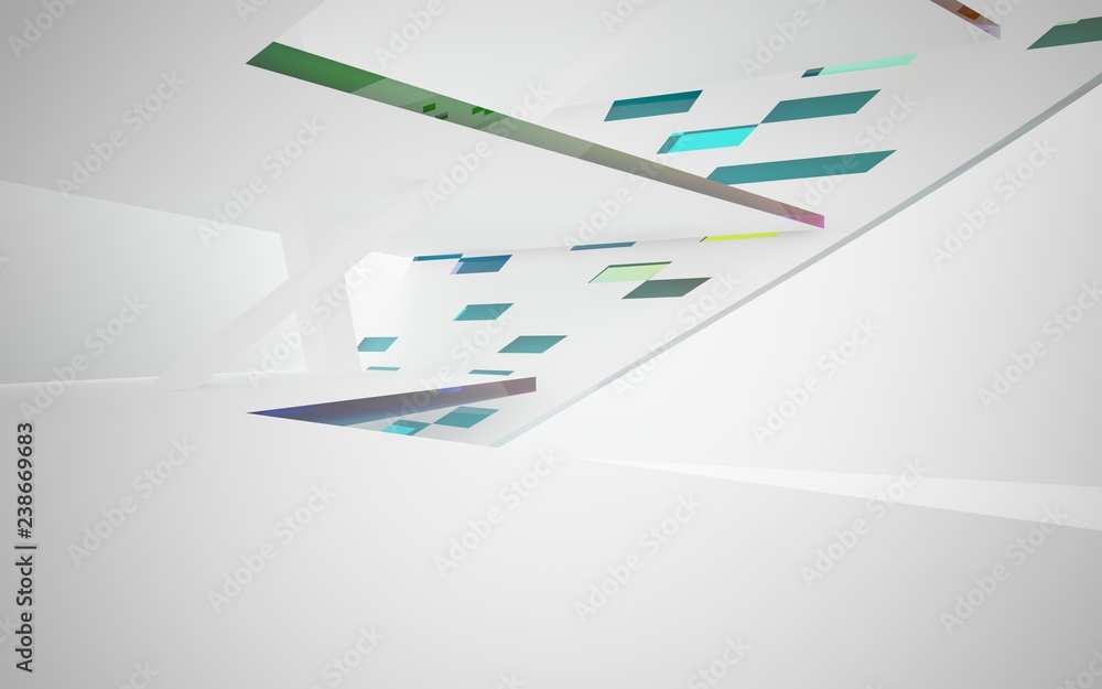 abstract architectural interior with gradient geometric glass sculpture. 3D illustration and rendering abstract architectural interior with gradient geometric glass sculpture. 3D illustration and rendering