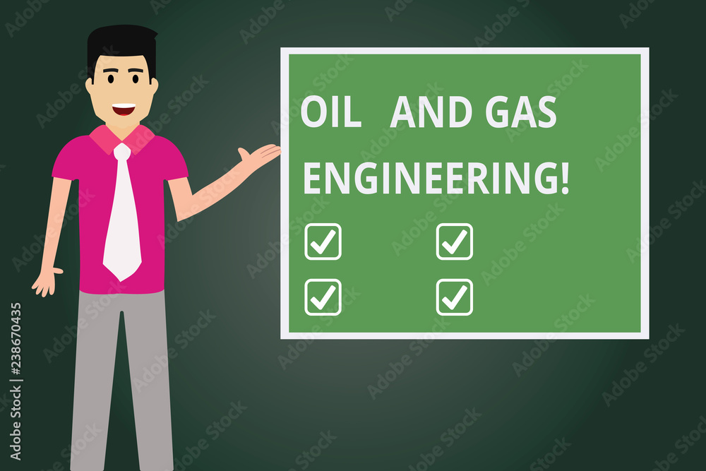 Text sign showing Oil And Gas Engineering. Conceptual photo Petroleum company industrial process engineer Man with Tie Standing Talking Presenting Blank Color Square Board photo Text sign showing Oil And Gas Engineering. Conceptual photo Petroleum company industrial process engineer Man with Tie Standing Talking Presenting Blank Color Square Board photo