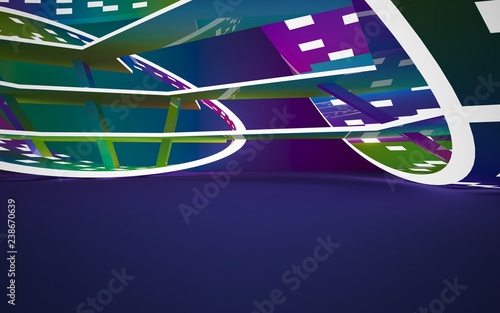 Abstract interior of the future in a minimalist style with gradient colored sculpture. Night view from the backligh. Architectural background. 3D illustration and rendering