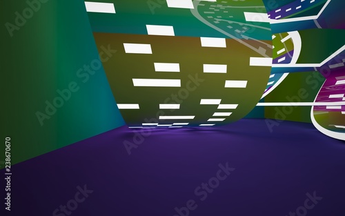 Abstract interior of the future in a minimalist style with gradient colored sculpture. Night view from the backligh. Architectural background. 3D illustration and rendering photo