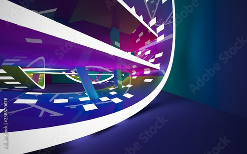 Abstract interior of the future in a minimalist style with gradient colored sculpture. Night view from the backligh. Architectural background. 3D illustration and rendering