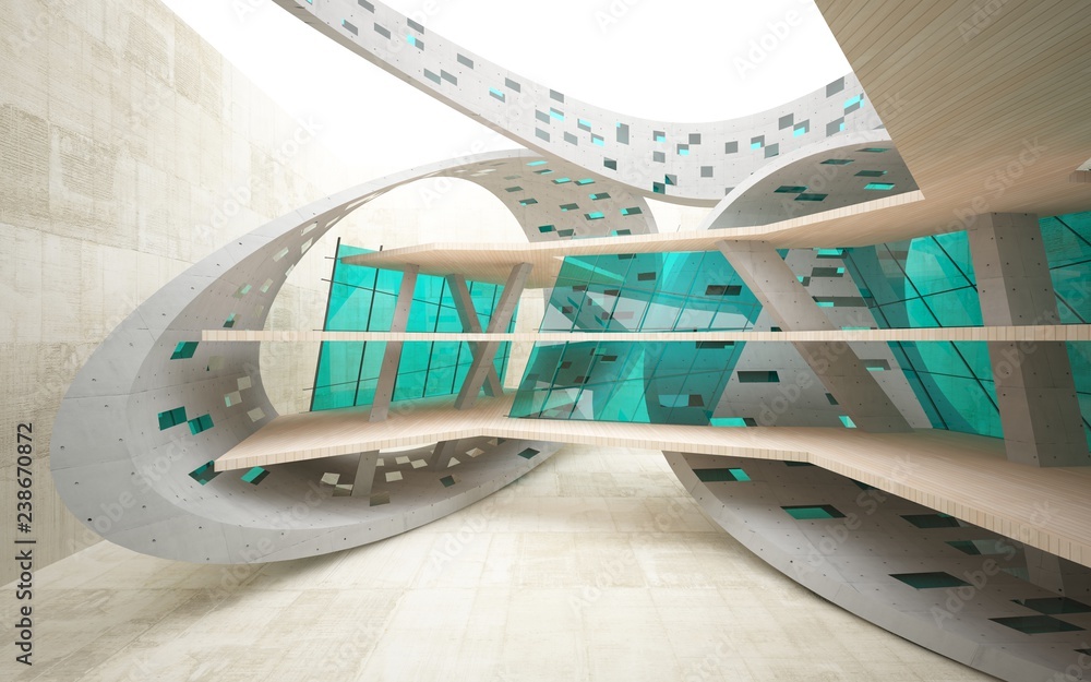 Fototapeta premium Abstract interior of wood, glass and concrete. 3D illustration. rendering