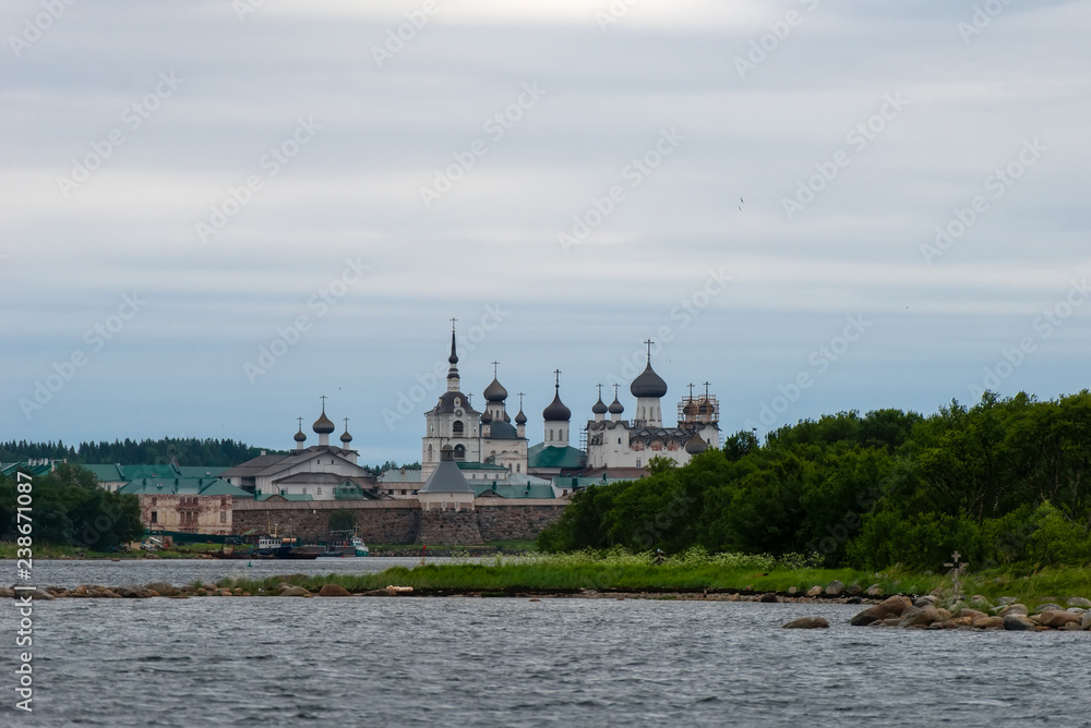 View on Solovetsky Monastery from the Bay of well-being, Russia. Solovetsky Monastery is on the UNESCO's World Heritage List. Solovki Islands, Arkhangelsk region, White Sea.