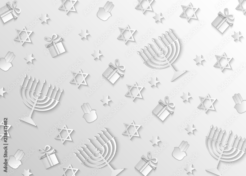 Hanukkah grey backgroundwith holiday candles, gifts, Hamsa, David stars. Modern paper cut design for Jewish Festival of light. 3d vector illustration. Hanukkah grey backgroundwith holiday candles, gifts, Hamsa, David stars. Modern paper cut design for Jewish Festival of light. 3d vector illustration.