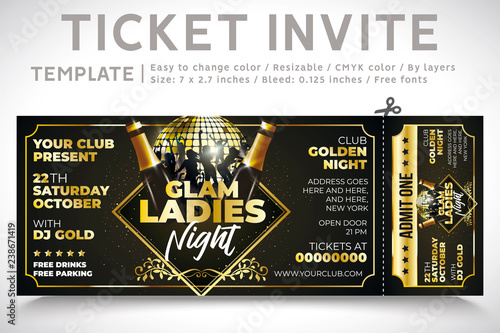 Invitation Ticket. Ticket party, new year invite. gold champagne. elegant holiday party invitation. Flyers. 2019. invitations. invitation card, Template