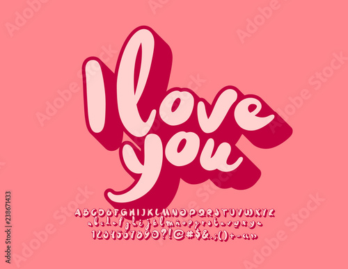 Vector I love you greeting card. St Valentines gift with Handwritten Font. Pink Alphabet Letters, Numbers and Symbols