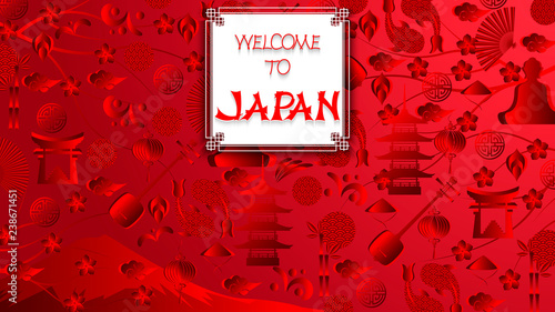 World of Japan pattern with modern and traditional japanise culture symbols and handmade inscription welcome to Japan, trend background. Japan red wallpaper, 16:9 aspect ratio. Vector illustration.