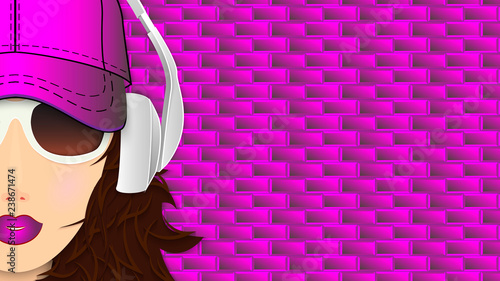 Face close-up of young woman on the background of the ultraviolet brick wall. 3d vector illustration. Popular 16: 9 aspect ratio.