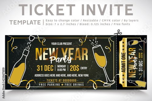 Invitation Ticket. Ticket party, new year invite. gold champagne. elegant holiday party invitation. Flyers. 2019. invitations. invitation card, Template