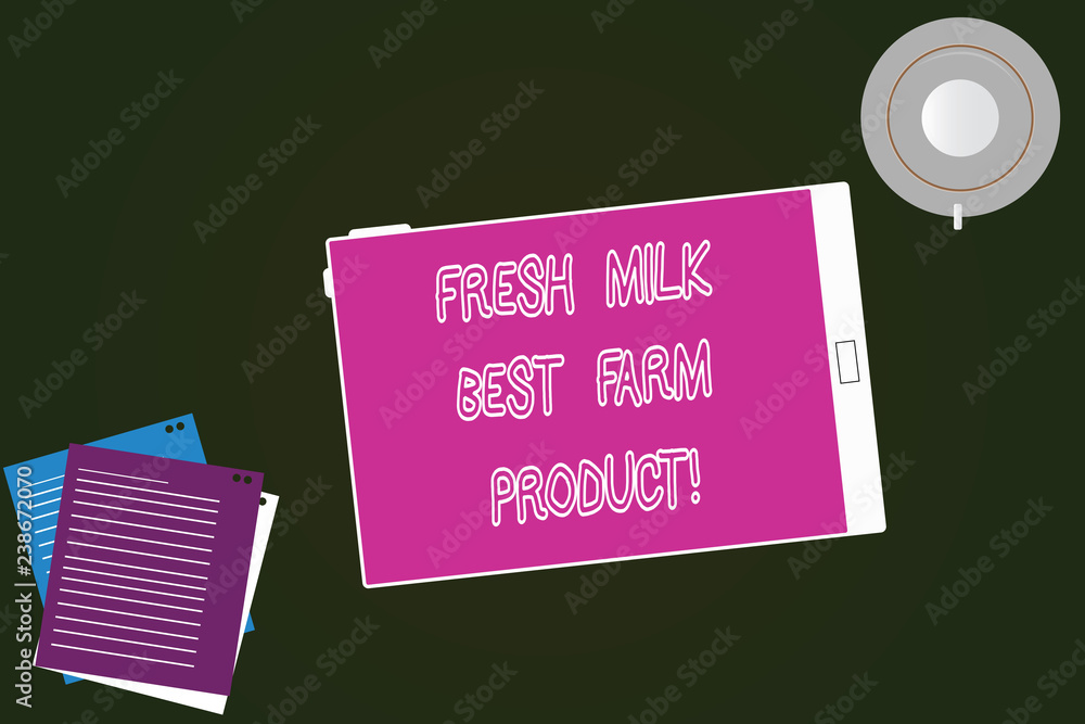 Conceptual hand writing showing Fresh Milk Best Farm Product. Business photo text Good natural healthy organic dairy products Tablet Screen Cup Saucer and Filler Sheets on Color Background Conceptual hand writing showing Fresh Milk Best Farm Product. Business photo text Good natural healthy organic dairy products Tablet Screen Cup Saucer and Filler Sheets on Color Background
