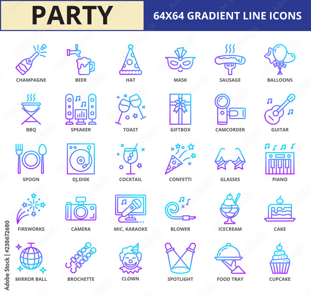 Celebration & party Gradient Line icon set