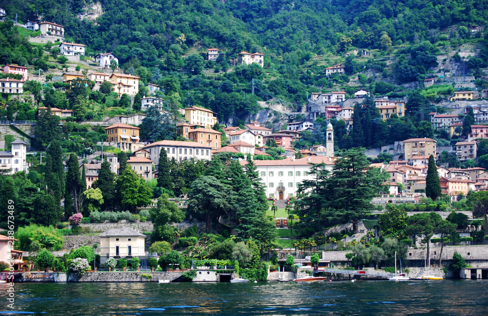 Several villas at the coast of Como Lake, Italy