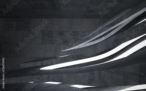 Empty dark abstract concrete room interior. Architectural background. Night view of the illuminated. 3D illustration and rendering