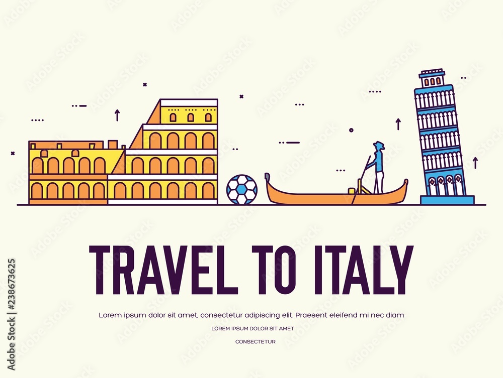 Country Italy travel vacation of place and feature. Set of architecture, item, nature background concept. Infographic traditional ethnic flat, outline, thin line icon
