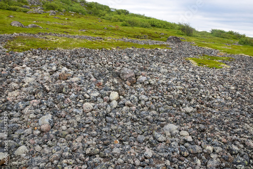 Stone mounds - artificial stone mounds of small boulders on the Bolshoy Zayatsky Island. Solovetsky archipelago, White sea, Russia