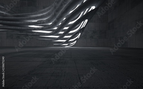 Empty dark abstract concrete room smooth interior. Architectural background. Night view of the illuminated. 3D illustration and rendering