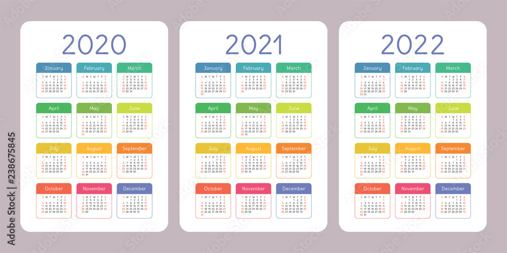 Calendar 2020, 2021, 2022 years. Vertical vector calender design template. Colorful set. Week starts on Sunday
